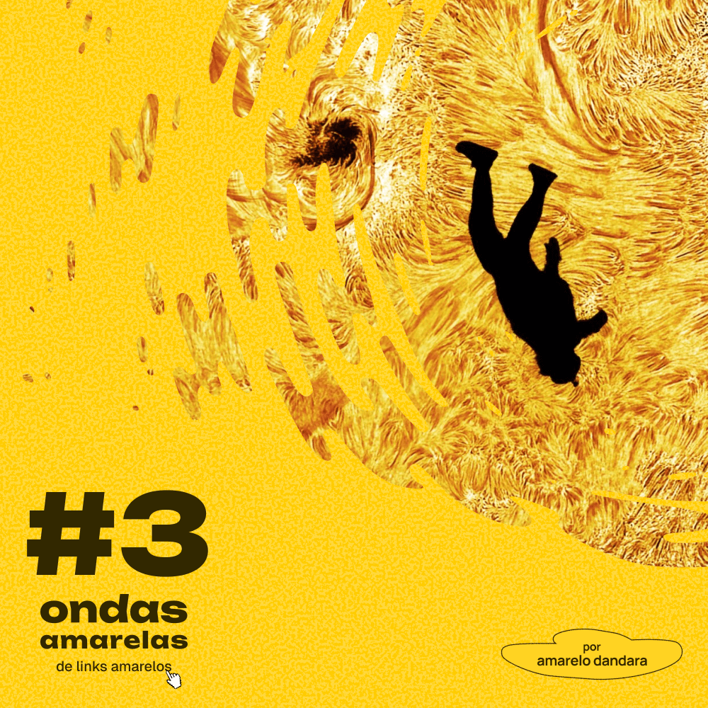 Episode cover for ondas amarelas number three: a figure falling through a close-up of the sun, on yellow.