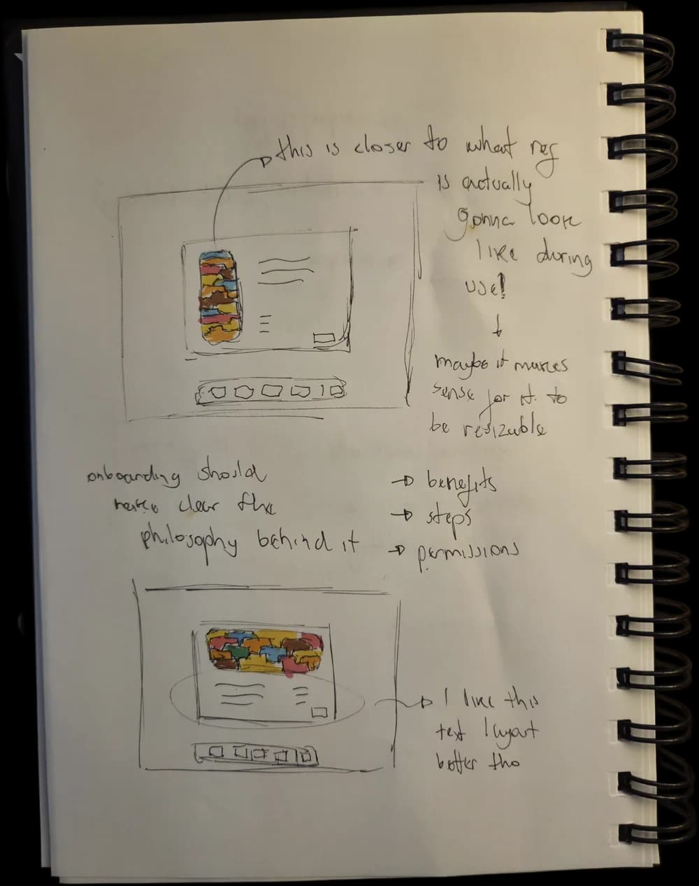 A sketchbook page with two drawings of the ref window: one with a tall column of coloured folders beside lines of text, noted as closer to how ref will look in use and maybe resizable, and one with the folders laid across the top, noted as the better text layout. Between them, a note that onboarding should make the philosophy clear: benefits, steps, permissions.