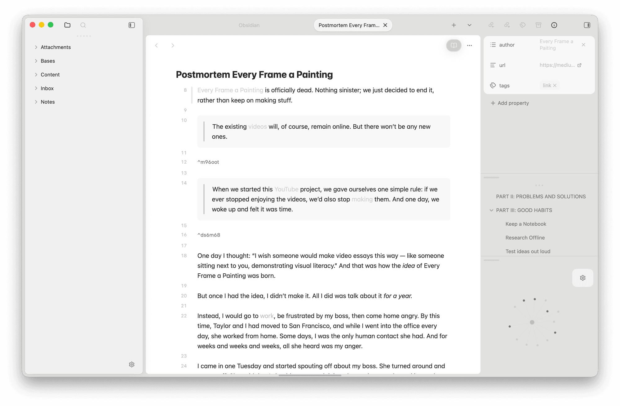 The same note with both sidebars open: on the left the five vault folders, Attachments, Bases, Content, Inbox and Notes; on the right the note’s properties (author, url, tags: link), an outline of its headings, and a small local graph.