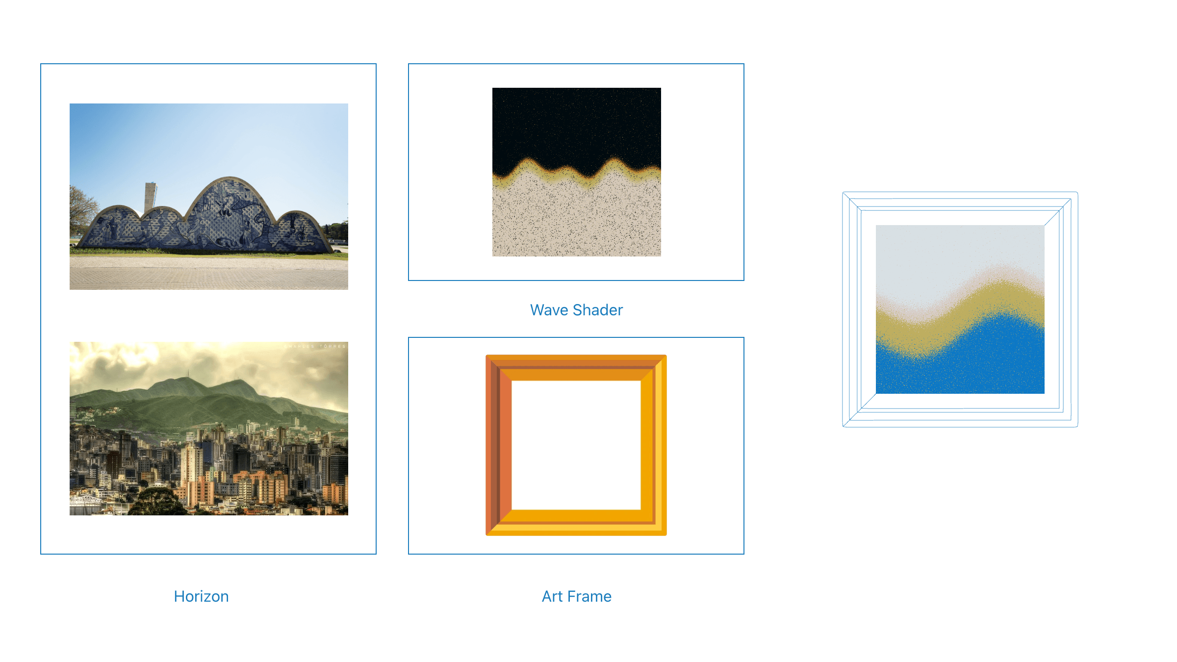 Three source frames beside the finished mark: a photograph of Belo Horizonte against its mountains labelled Horizon, a black-and-sand wave labelled Wave Shader, and an ornate gold picture frame labelled Art Frame. The result is a thin silver frame holding a blue and yellow wave.